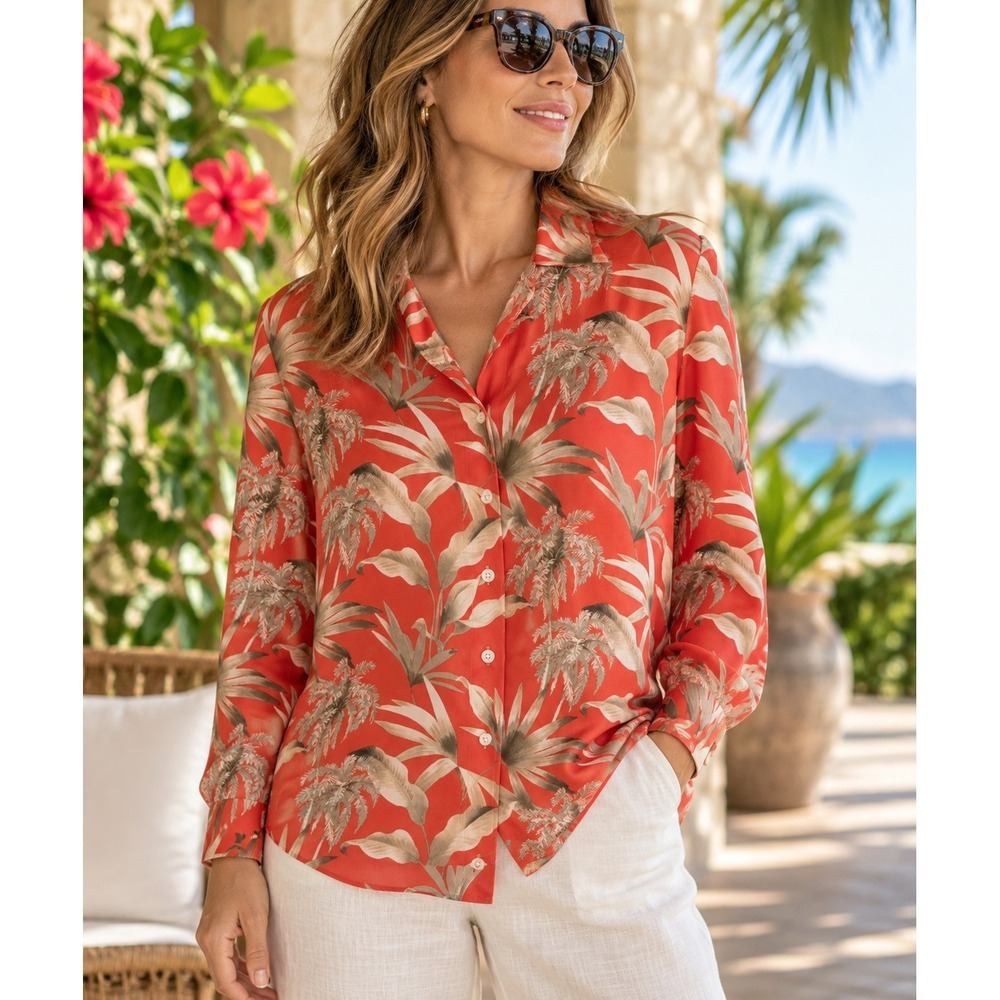 Tommy Bahama Womens Silk Blouse Coral Tropical Palm Button Front Resort Shirt